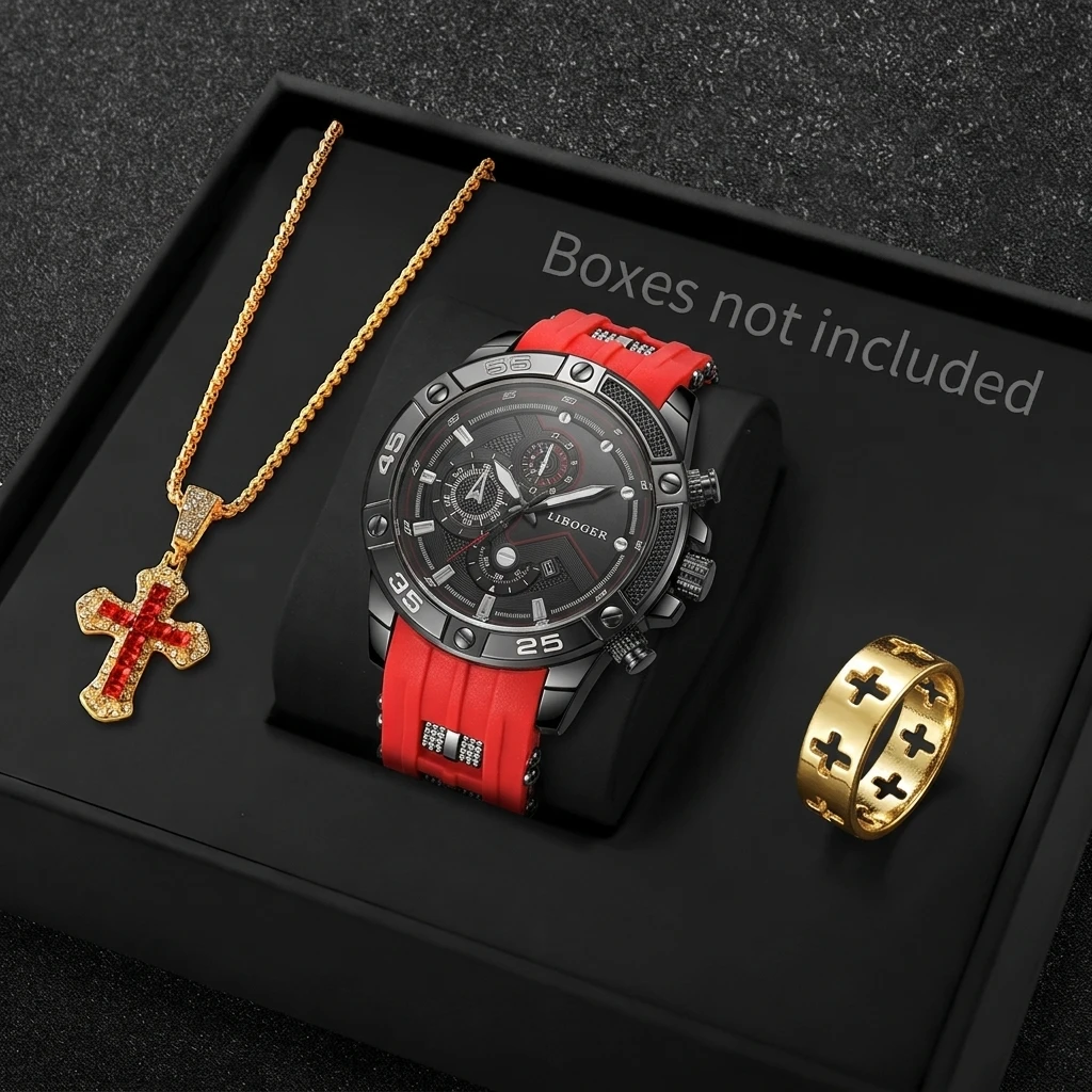 Men Accessories Gadgets - 3-teiliges Modisches Herren-Sportuhren-Set mit Kreuz-Schmuck, Lässige